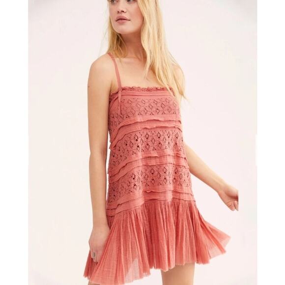 Free People Shailee Slip Dress Lace Gauzy Slip Mini Ruffled Skirt Cooper M NWOT - Picture 2 of 6